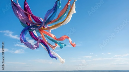 Colorful Ribbons Flowing In The Wind Against A Blue Sky 