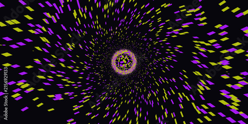Obraz na plátne Dynamic tunnel effect with purple and yellow particle fragments moving inward