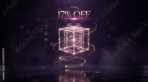 17% Off Sale Promotion with Glowing Holographic 3D Gift Box on Dark Background