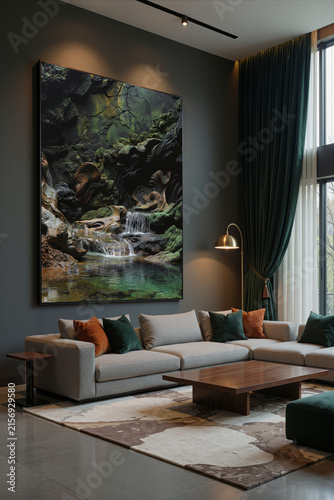 Modern living room with a large art piece depicting a waterfall scene
