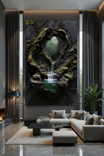 Modern living room with large wall art featuring water and greenery design