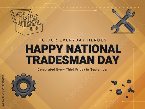 Happy national tradesman day greeting card with tools illustration and brown background