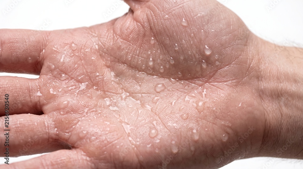 Fototapeta premium Extreme macro photograph of excessive sweat droplets on male palm skin