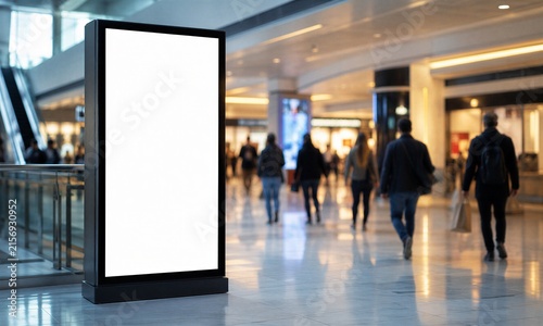 Blank digital advertising screen in a busy modern shopping mall with blurred shoppers. Programmatic DOOH, retail media and commercial marketing concept with large copy space.