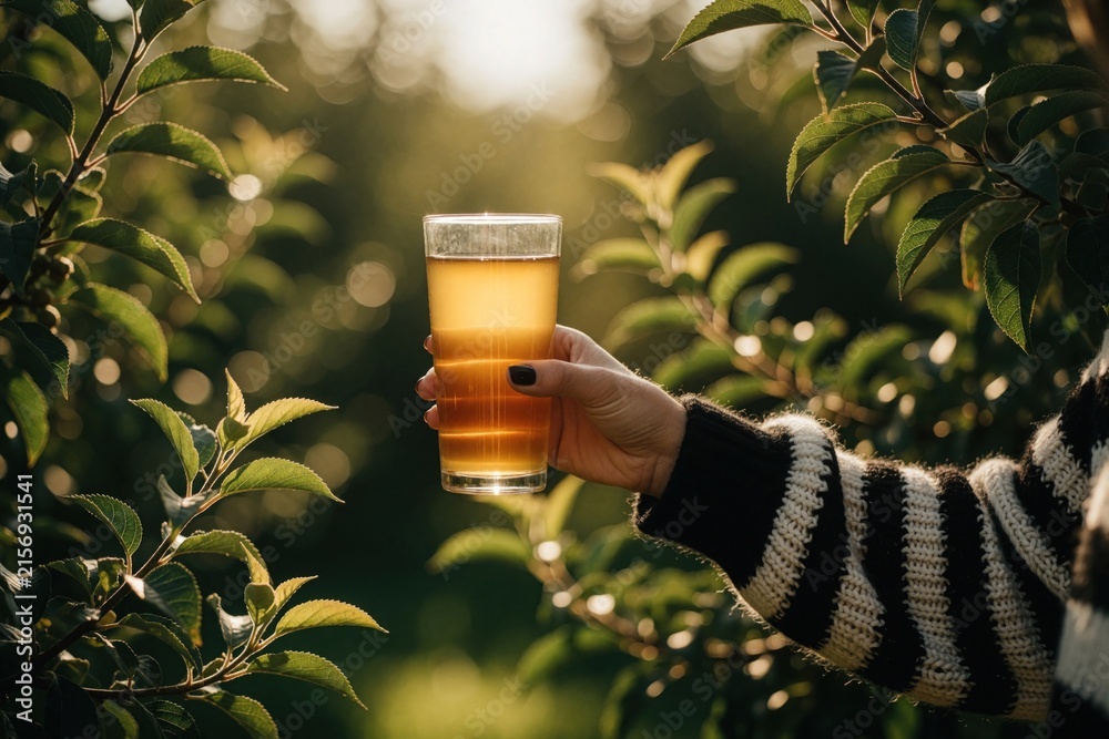Naklejka premium Person holds glass with apple cider juice. Blurred green foliage background suggests natural drink enjoyment on sunny day. Refreshing beverage experience outdoors.