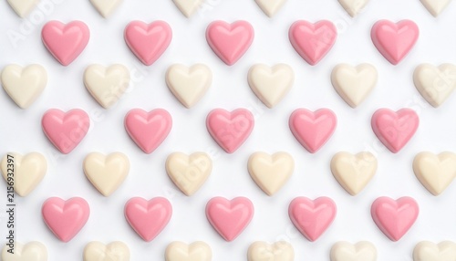白背景にイチゴチョコとホワイトチョコの列が交互に規則正しく並んだハート型のストライプパターン背景