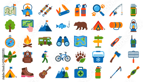Camping and Outdoor Adventure Flat Icon Set — Hiking, Fishing and Wilderness Collection