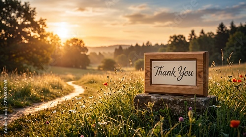 Rustic Wooden Thank You Sign Placed In A Wildflower Meadow At Sunset Nature Concept