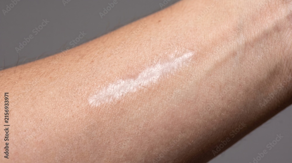 Fototapeta premium Macro photograph of linear pale mature surgical scar tissue on human forearm skin