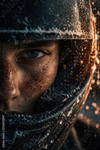 Intense focus on a woman wearing a helmet, her face speckled with dirt and illuminated by warm light. Droplets and dynamic textures create a dramatic scene.