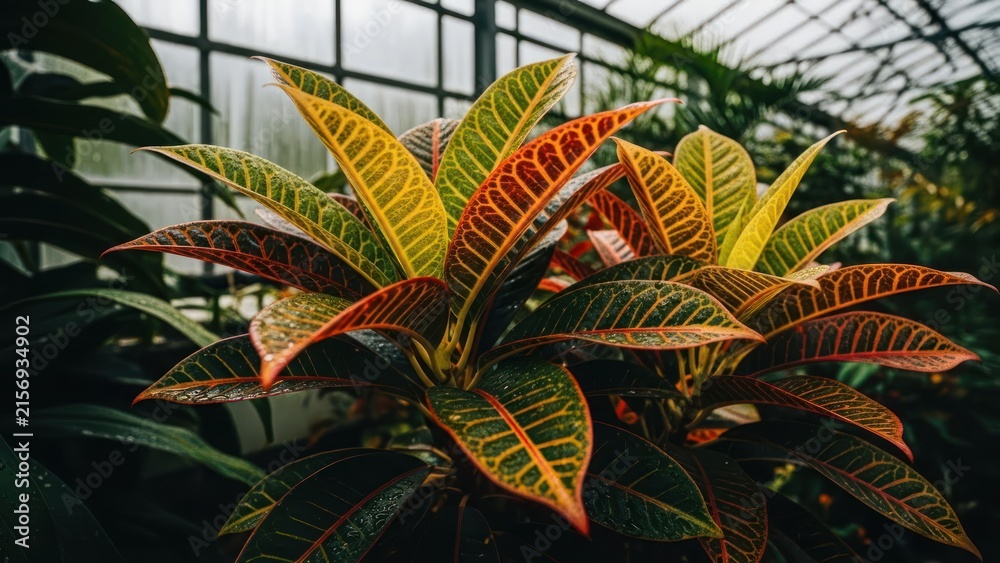 Obraz premium Vibrant leaves with colorful veins in a glass greenhouse setting
