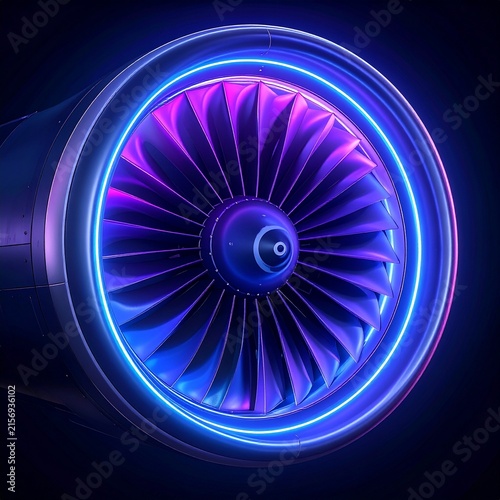 A close up of a jet engine turbine featuring vibrant neon blue and purple glowing lights set against a dark background for futuristic design.