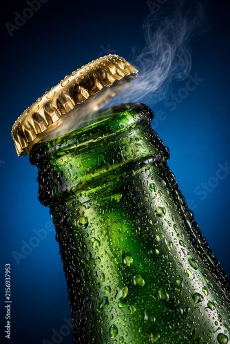 Close-up of a green glass bottle with water droplets and steam escaping under a golden cap against a deep blue backdrop. Refreshing and vibrant atmosphere.