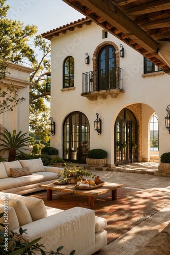 Sunny courtyard of a Mediterranean-style villa featuring arched windows, lush greenery, stylish outdoor furniture, and a warm inviting atmosphere.