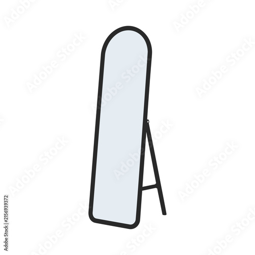 Modern floor mirror with black frame and stand for interior design decor.