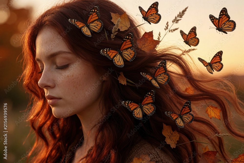 Fototapeta premium Young woman with red hair stands in autumn sunset. Orange monarch butterflies fly around head. Profile view of girl with fall leaves in hair. Dreamy fantasy portrait with warm golden light in nature