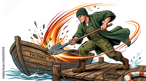 Soldier Digging Boat Out of Water on Dock, Victory Theme