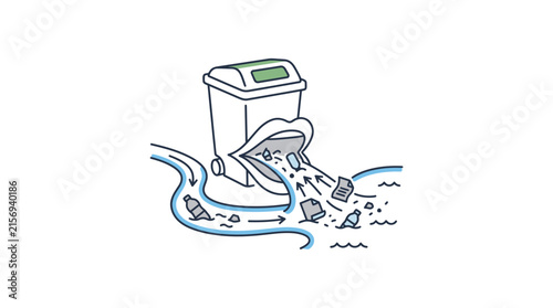 Trash bin polluting river with plastic and paper waste