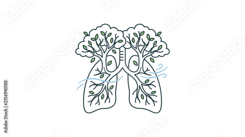 Lungs shaped like trees with green leaves and fresh air flow