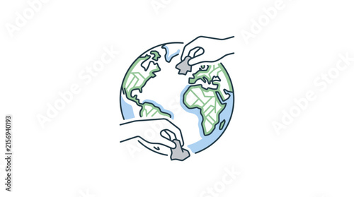 Hands solving earth puzzle representing global unity and collaboration
