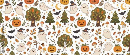 Cute Halloween Pattern with Ghosts, Pumpkins, and Trees