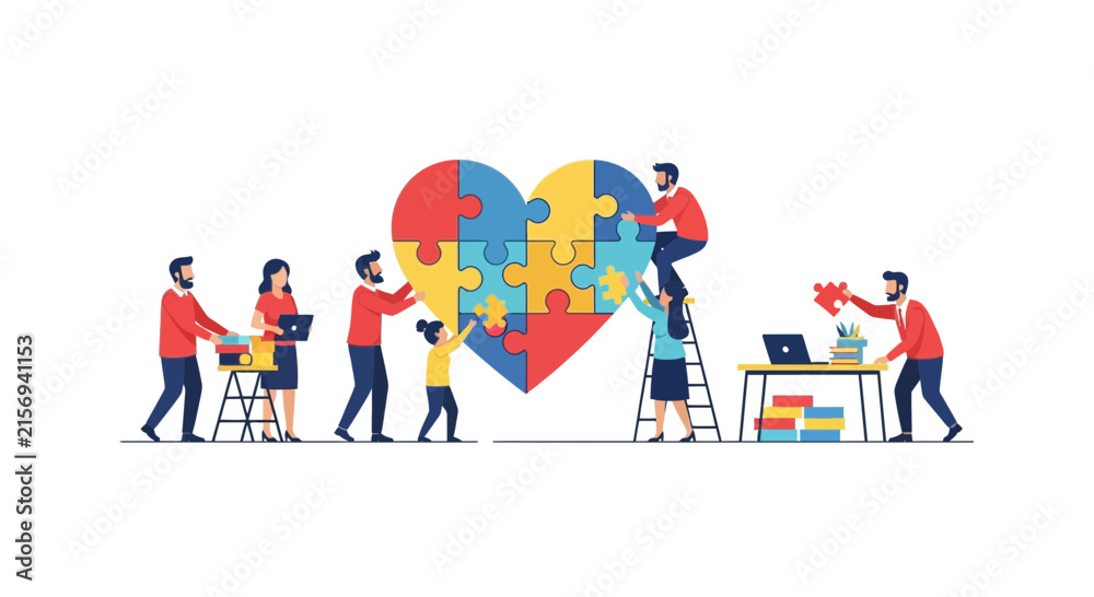 Fototapeta premium Teamwork and Collaboration Concept with People Assembling a Large Heart Jigsaw Puzzle