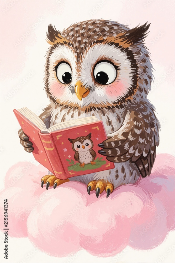 Fototapeta premium Cute owl with big eyes sits on pink cloud, reads open storybook. Adorable bird enjoys tale, wisest animal learns wisdom from book. Magical fantasy art for kids.