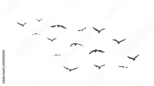 Flock of flying birds silhouettes rendered in halftone dot style