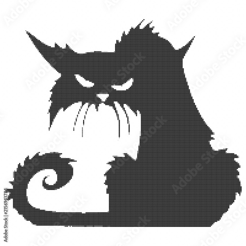 Grumpy black cat silhouette with halftone dot pattern