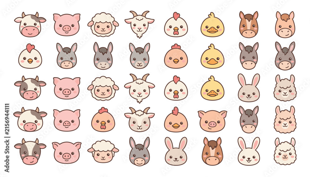 Fototapeta premium Cute Farm Animal Faces Vector Icon Set Featuring Kawaii Style Cow, Pig, Sheep, Goat, Chicken, Horse, Duck, Donkey, Rabbit, and Alpaca Avatars