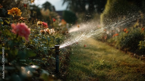 Sprinkler spraying water over well-kept flower garden