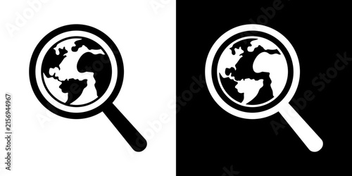 Magnifying glass focused on planet Earth icon in black and white, depicting global search, international research, and worldwide exploration.