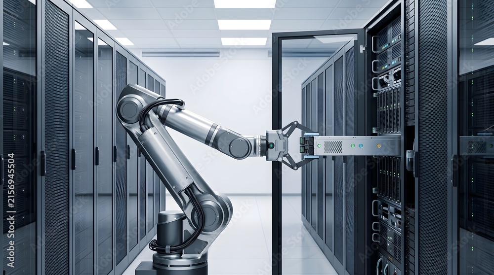 Naklejka premium Automated data center facility maintenance utilizing robotic arm for server rack hardware installation