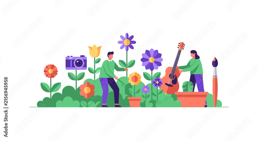 Fototapeta premium Creative Hobbies and Leisure Activities Illustration in Garden Setting