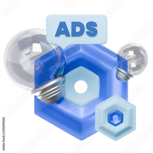 3D Ads Icon with Light Bulbs and Blue Hexagons for Marketing Strategy