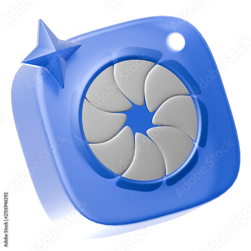 3D AI Camera Lens Icon with Blue Aperture Shutter and Sparkle Detail