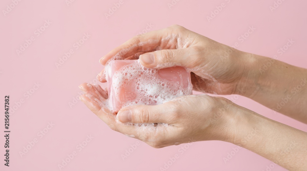 Fototapeta premium Woman hands washing with pink soap bar and foam