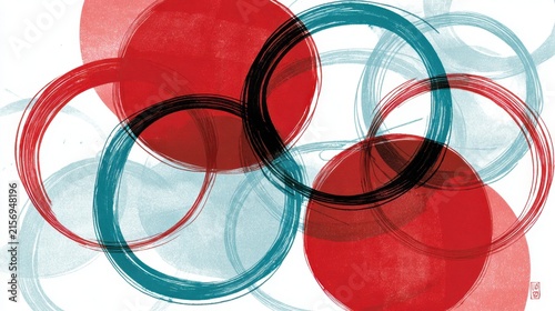 Abstract Minimalist Composition with Overlapping Red Circles and Hand Drawn Ink Brush Rings