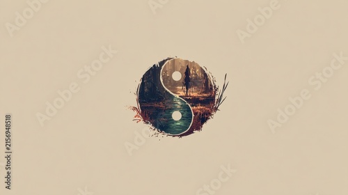 Artistic Yin Yang Symbol with a Serene Landscape and Lone Traveler in a Minimalist Digital Painting