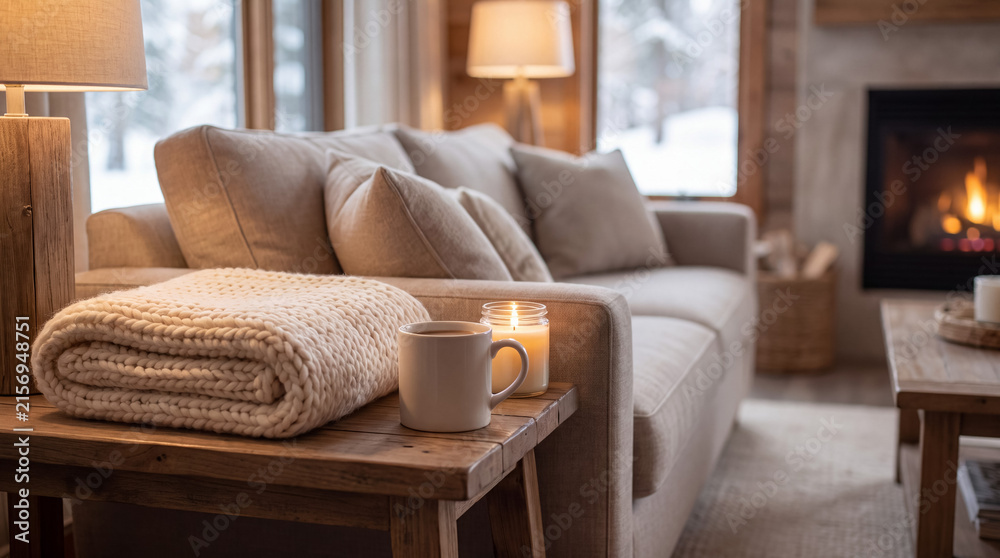 Fototapeta premium Cozy living room interior with a warm knit blanket, hot drink, and burning candle by the sofa and fireplace