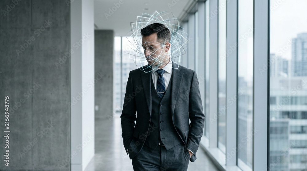 Fototapeta premium Businessman with Futuristic Facial Recognition Scan Overlay in Modern Office