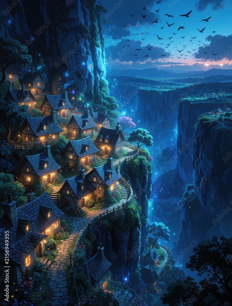 Fototapeta premium Small village on cliffside at night. Glowing lights shine from houses nestled on mountain path. Birds fly above vast canyon vista with twilight sky.