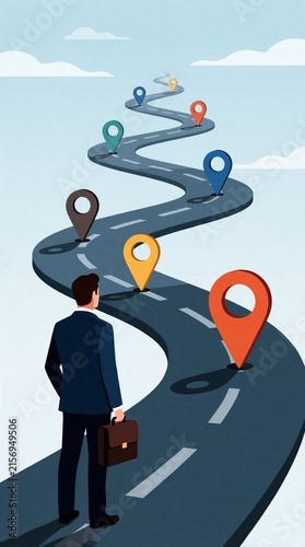 Businessman looks at winding road with many colorful location markers. Man with briefcase plans long term career path, business strategy. Roadmap shows goals, progress, direction for future success