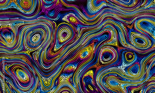 Traditional Australian Aboriginal tribal pattern with intricate dots and lines, aboriginal, indigenous, culture, art . Black background. Vector illustration