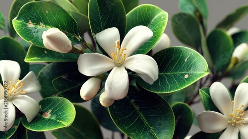 Close up of Blooming White Murraya Paniculata Flower with Green Leaves and Buds in a Garden