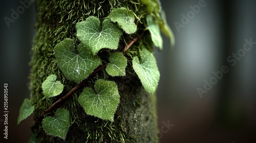 Close up of green ivy leaves climbing a moss covered tree trunk in the woods with bokeh background
