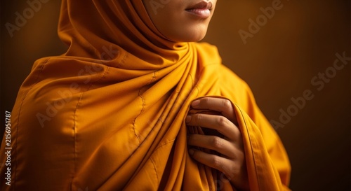 Extreme close up of a monk in turmeric robes clutching fabric in a mindful meditation gesture