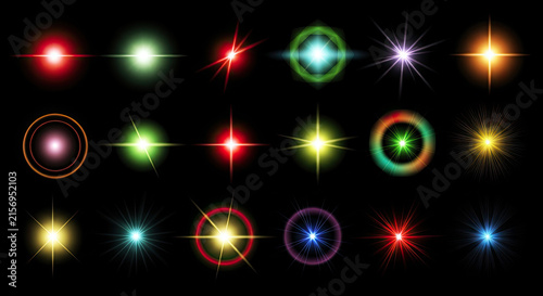 A collection of vibrant, glowing light flares and circles in various colors against a stark black background.