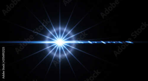 A bright, intense beam of light radiates outward from a central point, creating a starburst effect. The light is blue and appears to be emanating from a lens or viewfinder.