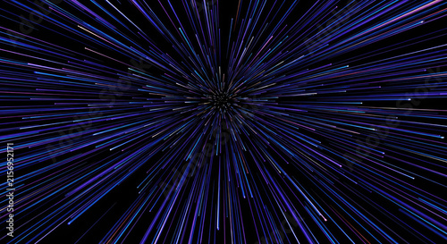 A vibrant, dynamic image depicts a burst of multicolored light streaks emanating from a central point.